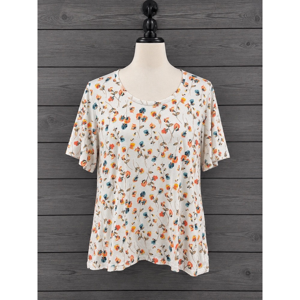 Lands' End Floral T-Shirt 2X White Short Sleeve Cotton Crew Neck Tee
